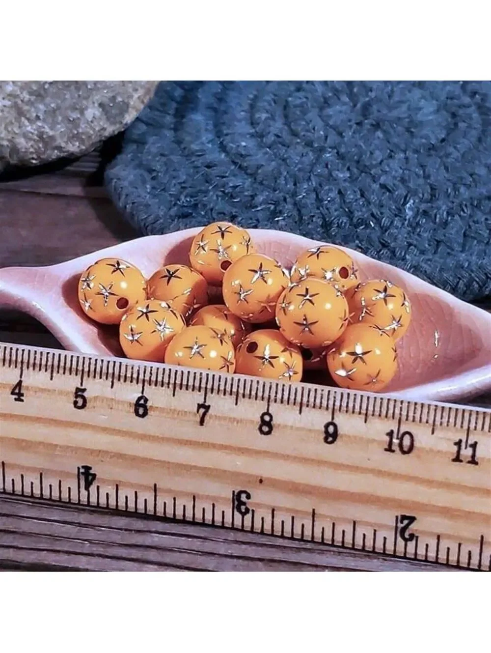 10 Vintage Retro Orange Silver Stars 12mm Round Acrylic Shabby Chic Beads
